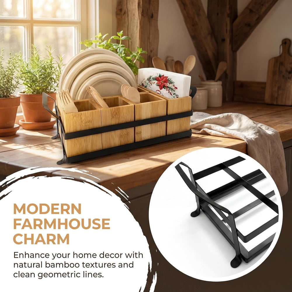 Bamboo Utensil Caddy with Handle - 5 Compartment Silverware Holder for Party ...