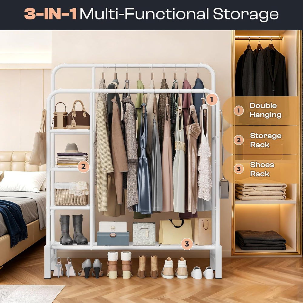 Clothes Rack for Hanging Clothes, Clothing Rack with shelves, White