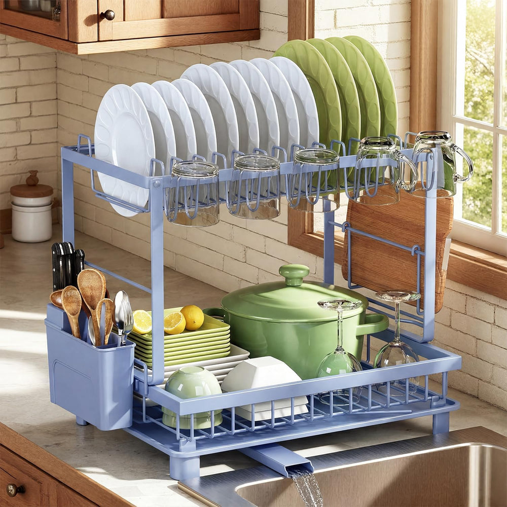 2-Tier Dish Drying Rack for Kitchen Counter, Space-Saving, Blue