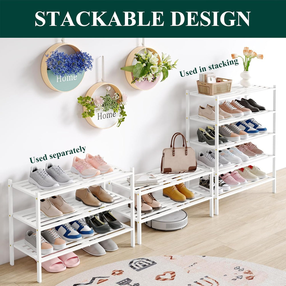 Smiry Bamboo Shoe Rack, 5 Horizontal Slats, 5 Tier - 26.8" Wide, White