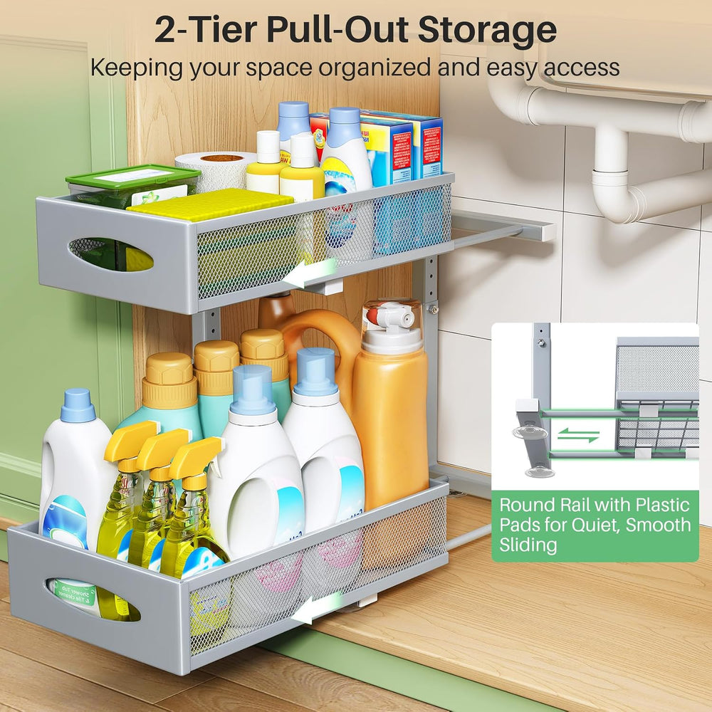 1 Pack Under Sink Organizer, 2 Tier Pull out Cabinet Organizer Mesh Baskets w...