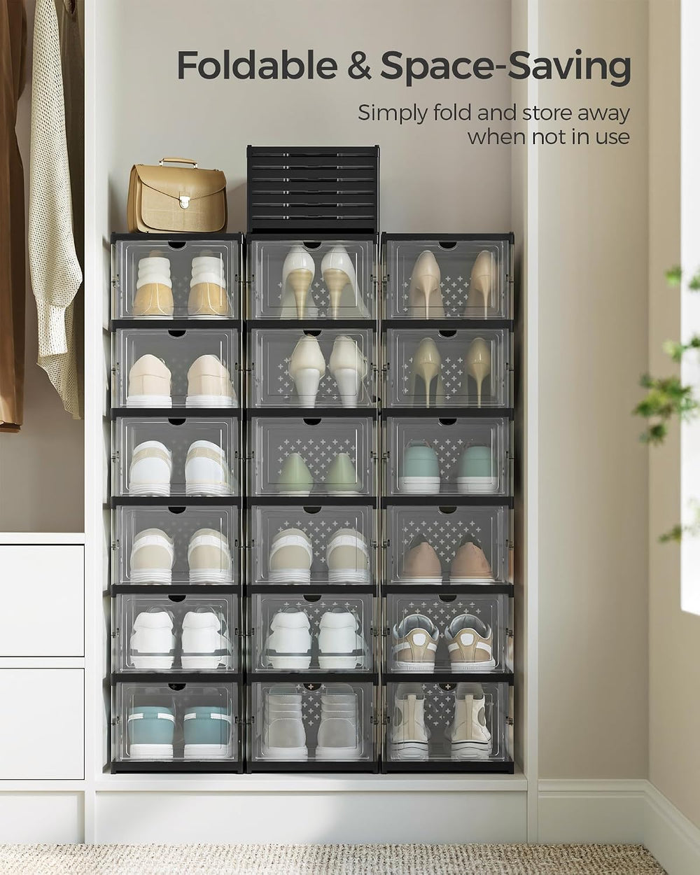 SONGMICS Foldable Shoe Boxes, 6-Tier for 18 Pack, Fit up to US size 13