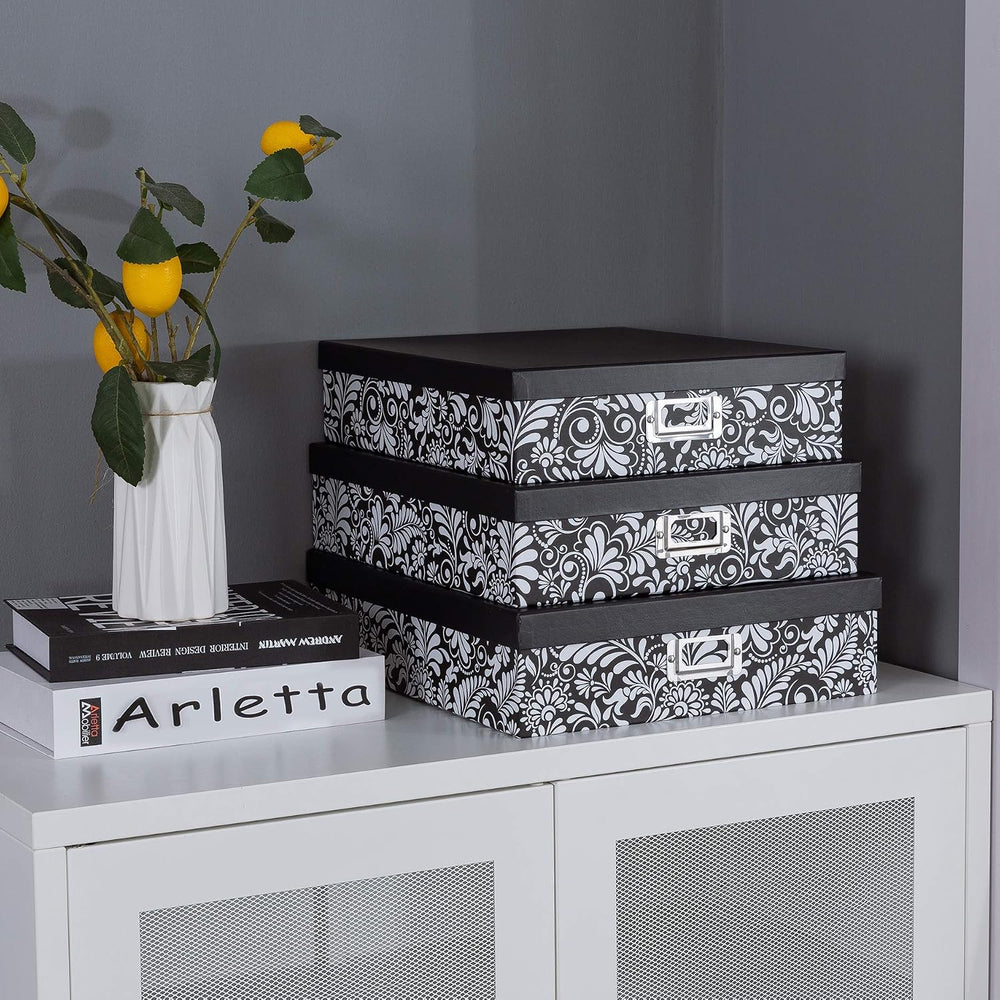 Soul & Lane - Black and White Floral Storage Boxes with Lids, Set of 3