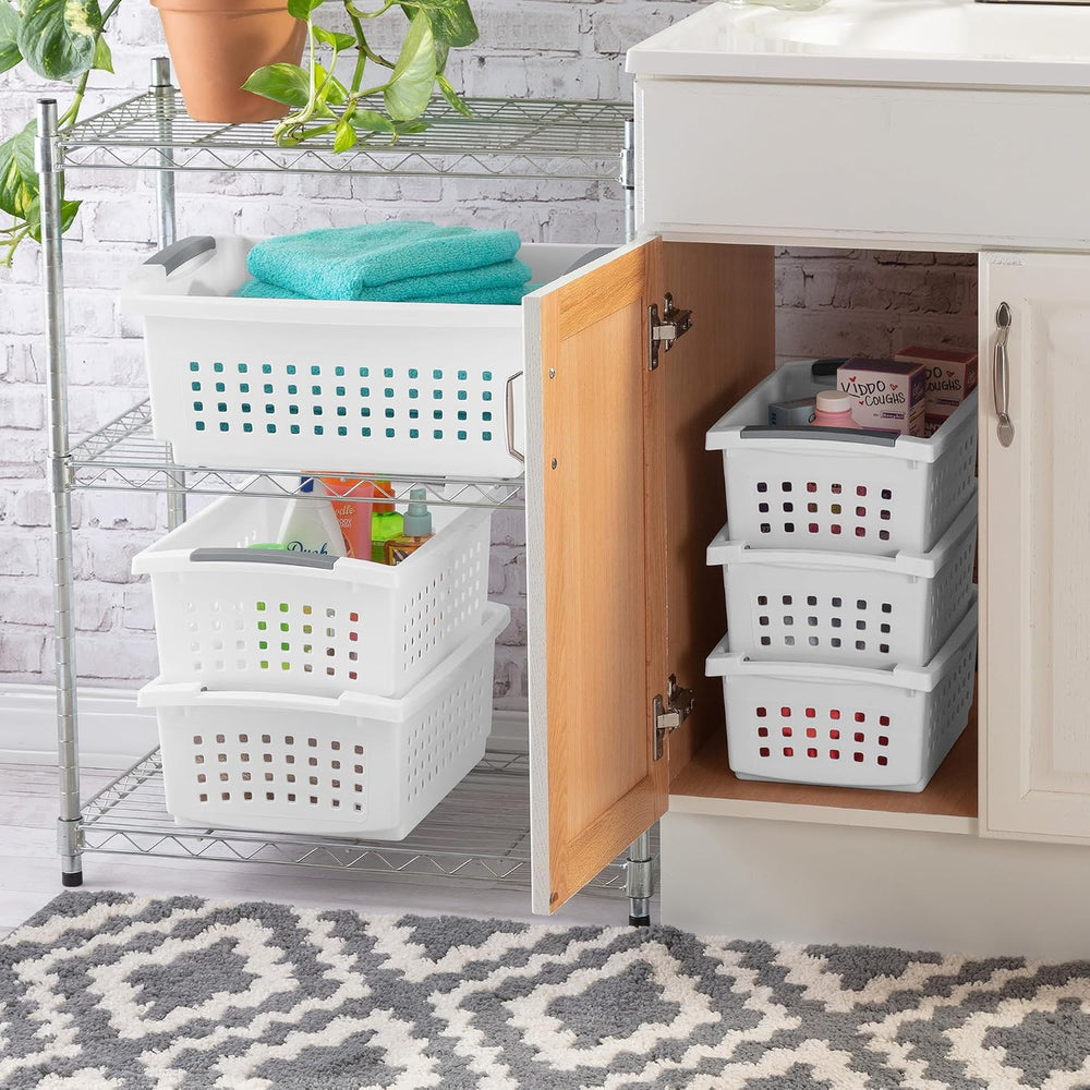 Sterilite 16 Pack Medium Stacking Basket, Open Top Storage Bin with Handles, ...