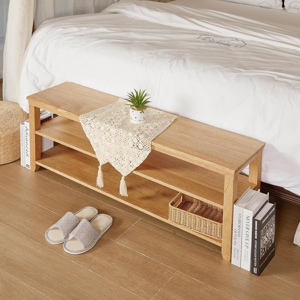 Natural Real Wood Shoe Rack Storage Bench, 11.81"x 45.7"x 16.54"