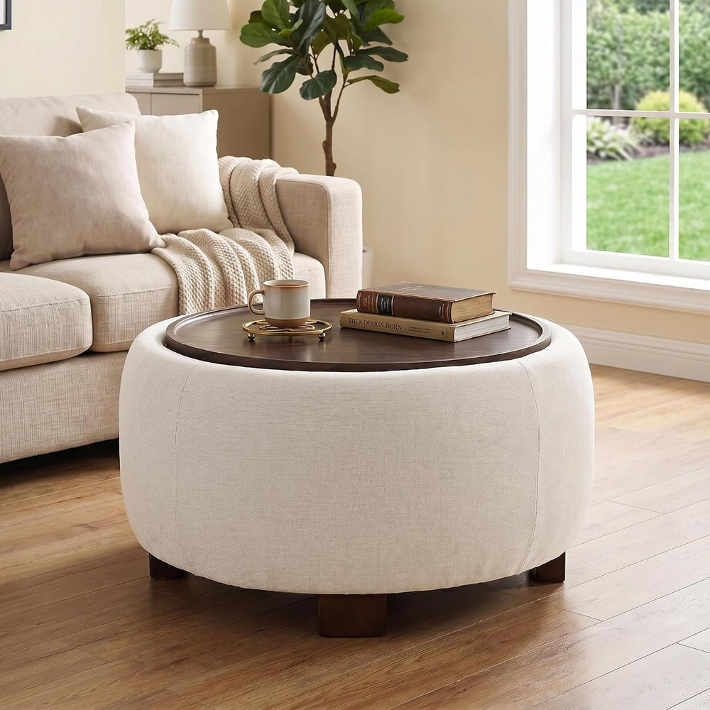 VKNOW 30 Inch Chenille Round Storage Ottoman with Wood Lift-Off Lid, Beige