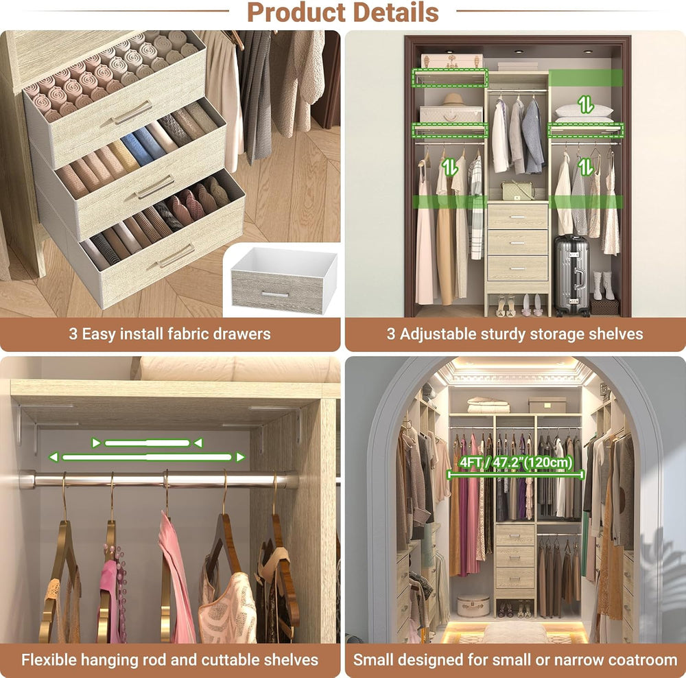 Besiost 4FT Small Closet System with 3 Fabric Drawers, 48'' Closet Or...
