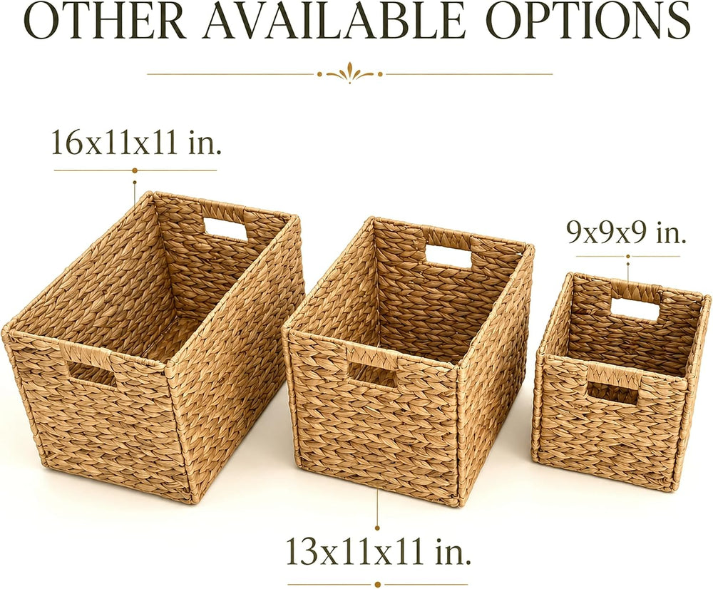 4 Hand-Woven Wicker Storage Baskets 13x11x11in, Water Hyacinth Shelf Bins