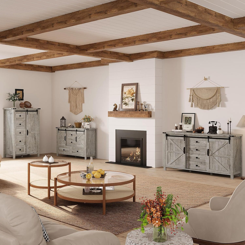 AMERLIFE 47" Farmhouse 4-Drawer Dresser with Barn Doors, Light Rustic Oak