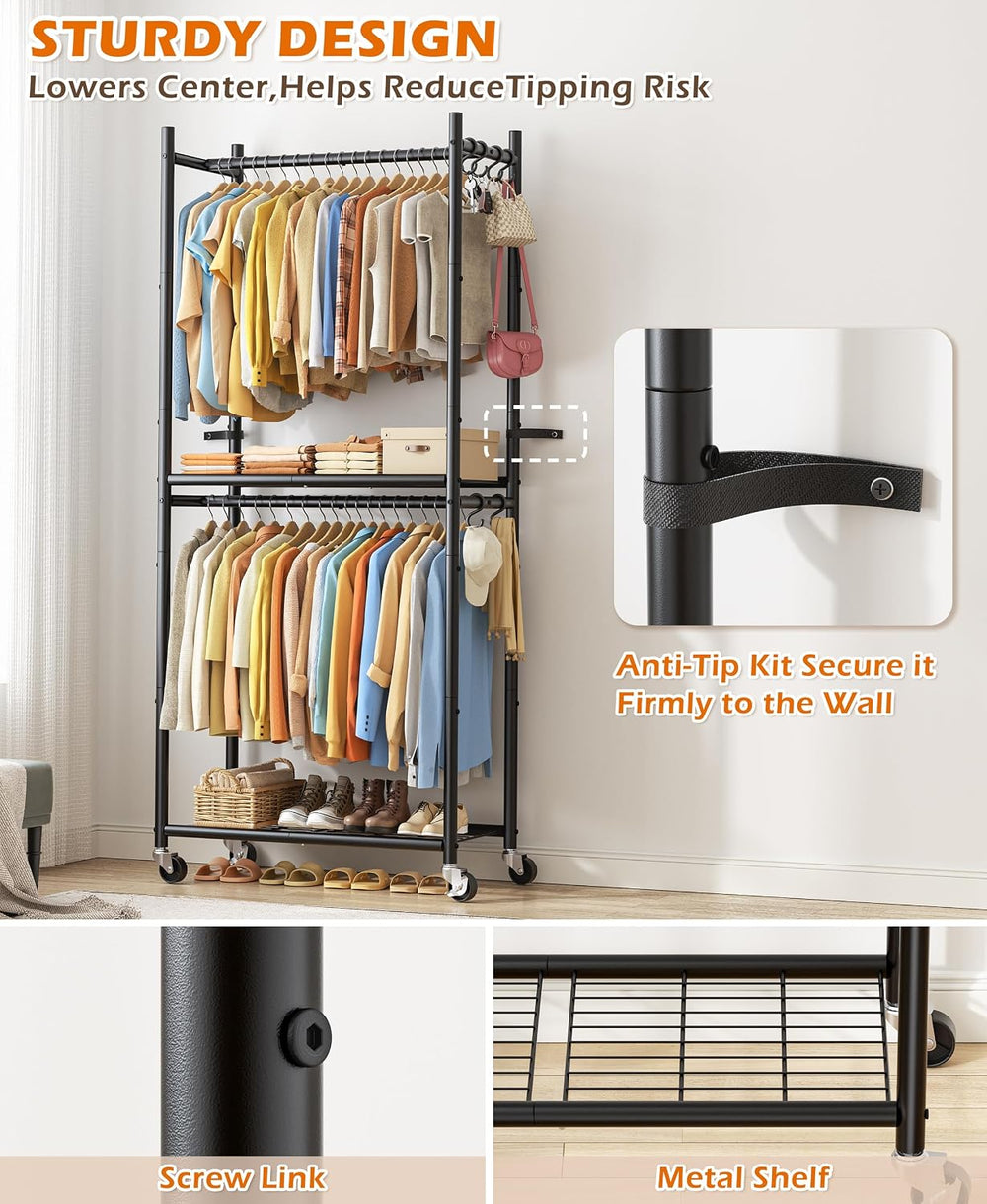 HOMIDEC Clothes Rack,79.7" Double-Tier Clothing Rack with Shelves&Wh...