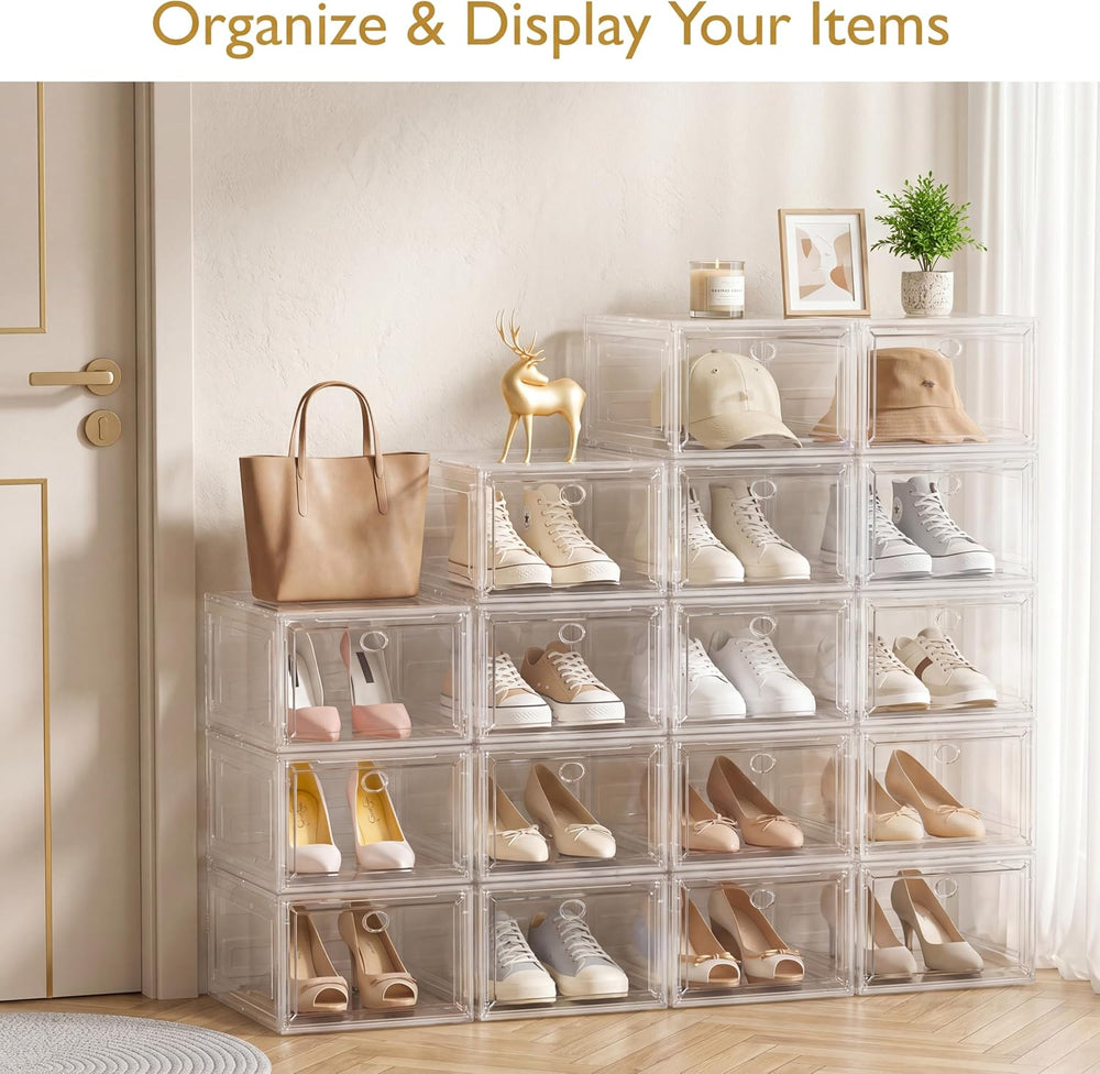 Sturdy Clear Shoe Organizer with Magnetic Door, Stackable Shoe Storage Box