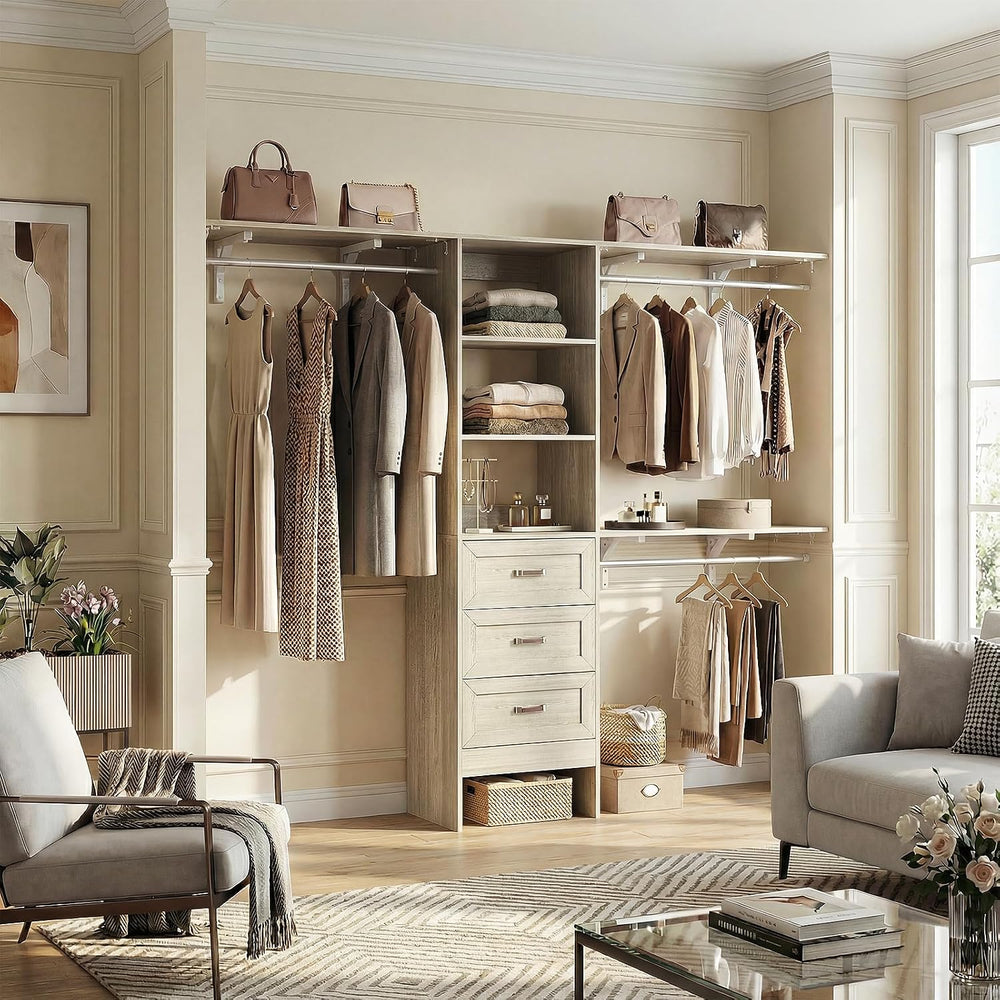 8FT Closet System with 3 Curved Drawers, 96'' Wooden Walk-in Closet O...