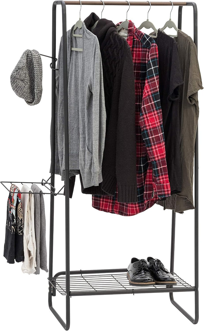 IRIS USA Clothes Rack with 2 Metal Shelves, Freestanding Clothing Racks for Hanging Clothes, Easy to Assemble, Standing Metal Sturdy Garment and Accessories Rack, Small Space Storage Solution, Black