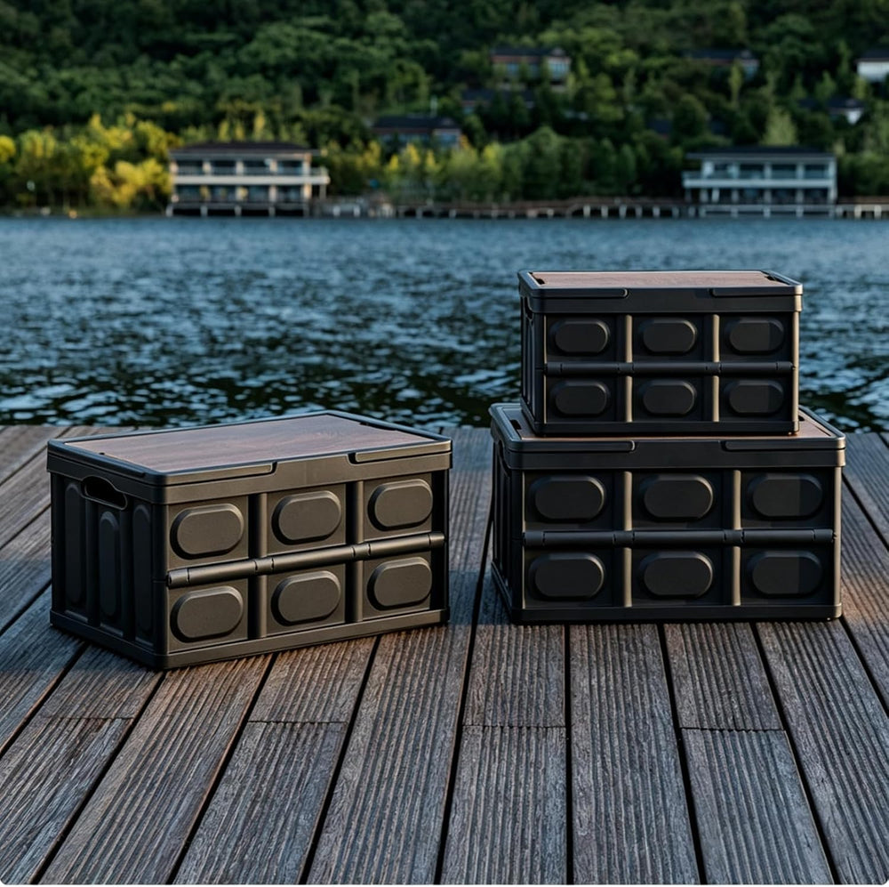 Collapsible Storage Bin with Wood Lid, Stackable Camping Storage Box for Car ...