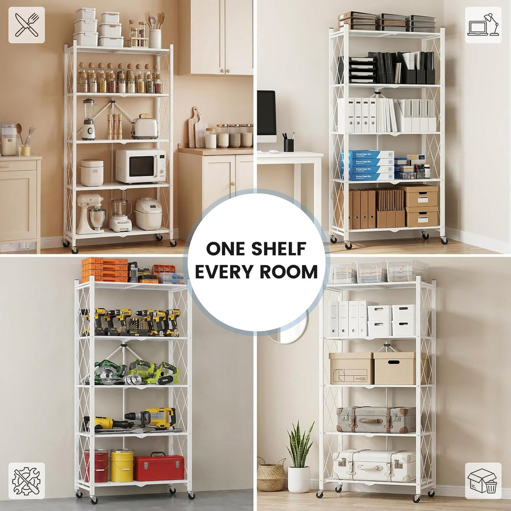 ALANNG 70.7" H Metal Storage Shelves, 5 Tier Folding Shelf on Wheels
