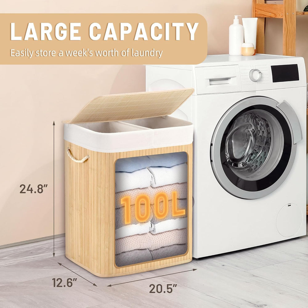 Aliphon 100L Laundry Hamper with lid, 2-Section Clothes Laundry Basket with H...