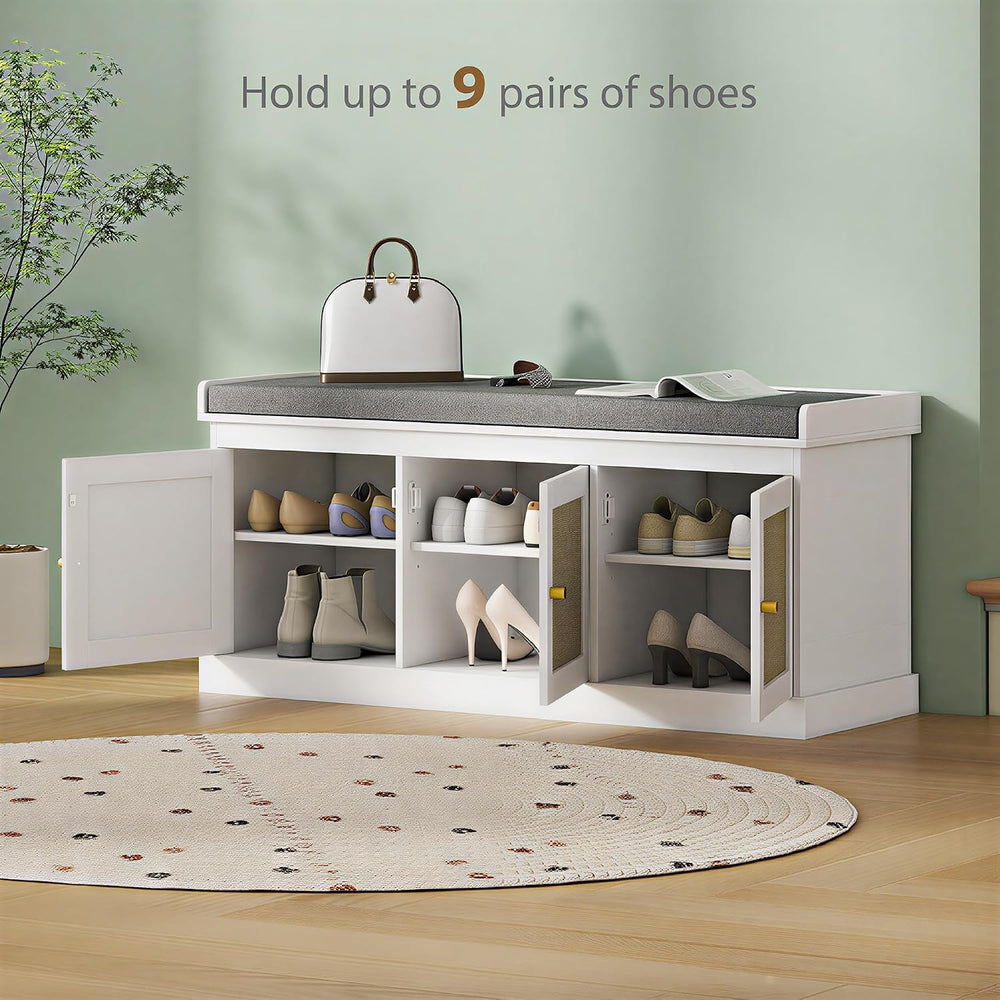 HOMCOM Shoe Bench Storage Rattan Doors 13.8 x 41.3 x 18.5 Inches White