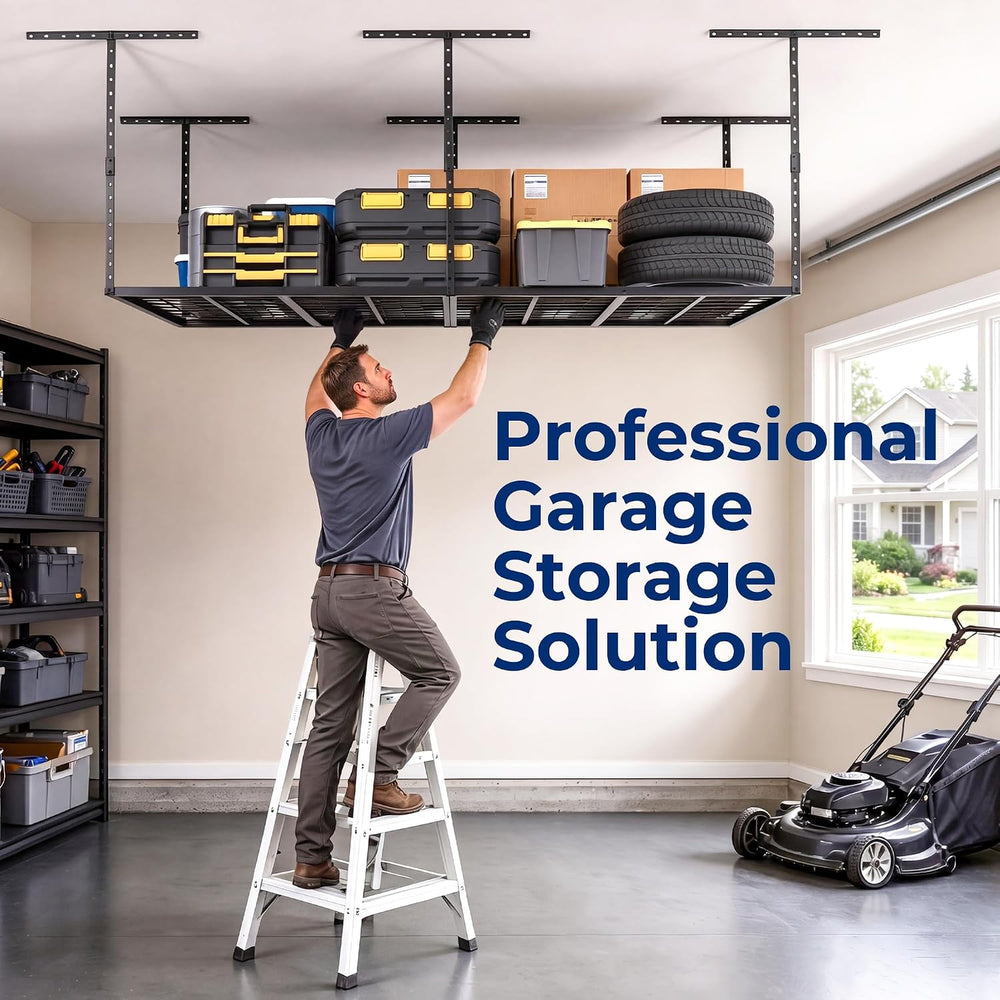 4×8FT Overhead Garage Storage Rack, 750LBS Heavy-Duty Steel Ceiling Shelving,...