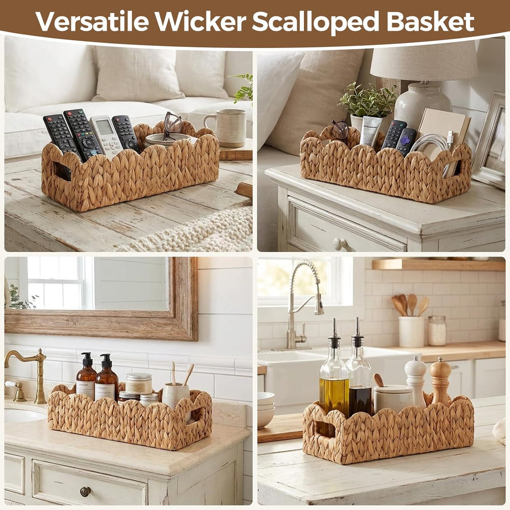 2 Pack Scalloped Water Hyacinth Toilet Paper Storage Basket with Handle