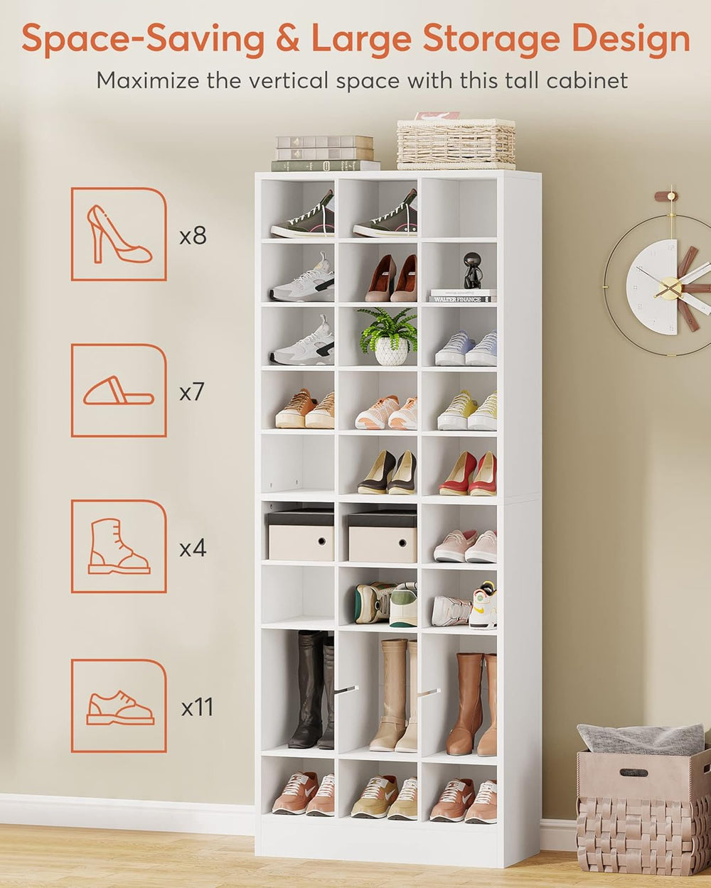 Tribesigns 10-Tier Shoe Storage Cabinet, White Wooden Shoe Rack with 30 Cubbi...