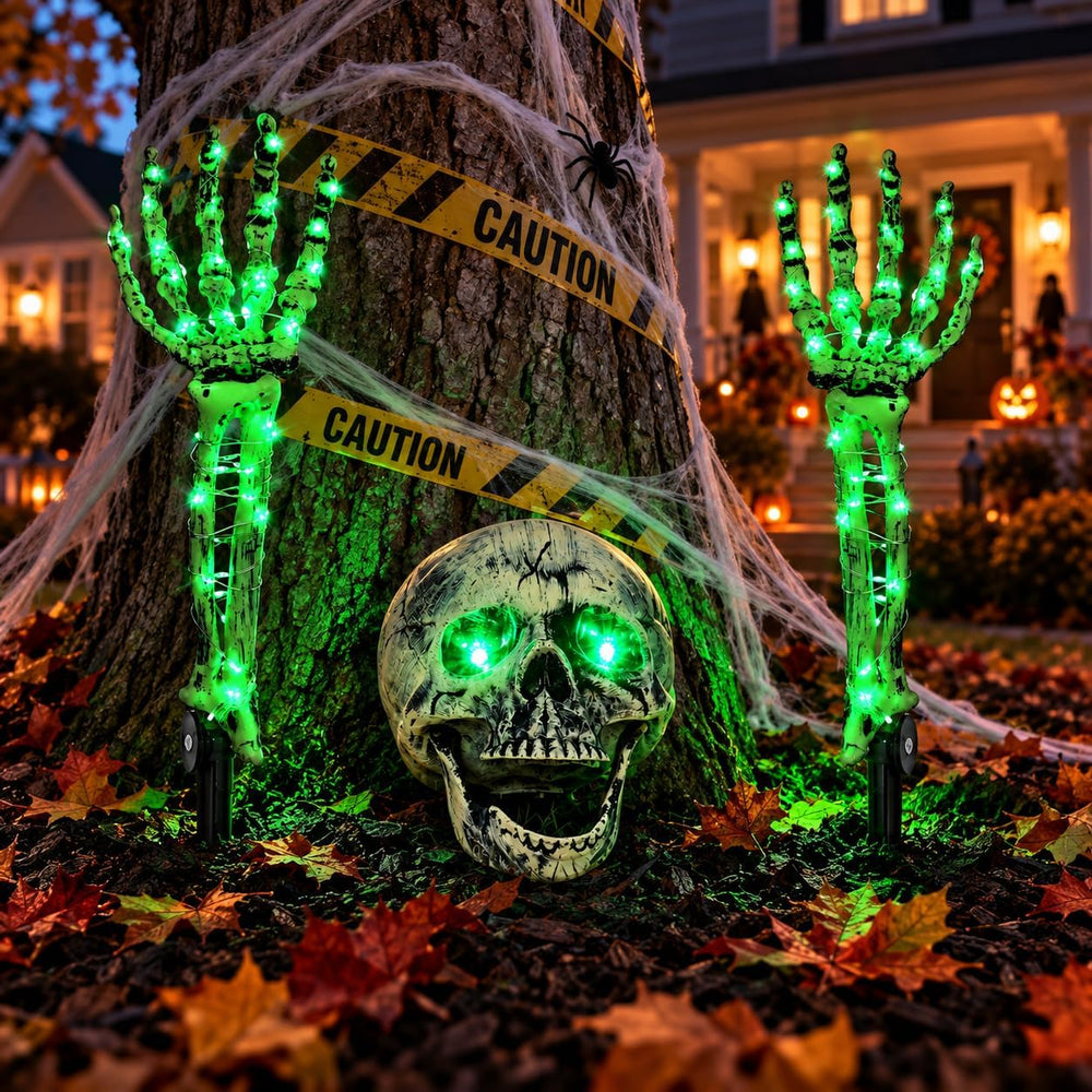 Halloween Skeleton Decorations Outdoor, Light Up Skull Head & Skeleton Ha...