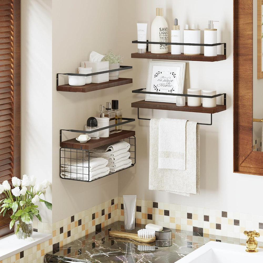 Bathroom Floating Shelves Wall Mounted - 4+1 Tier Rustic Wooden Bathroom Wall...