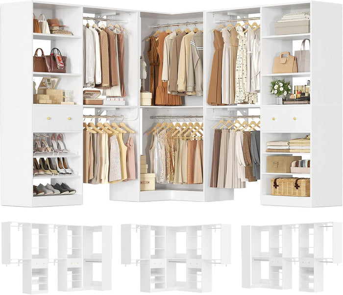 Armocity Closet System Set of 3 - Corner Closet Organizer System with 2 Drawers/16 Shelves/6 Hanging Rods, 151.1" L-Shaped Walk-In Wardrobe Organizer, 2800+ lbs Capacity, White