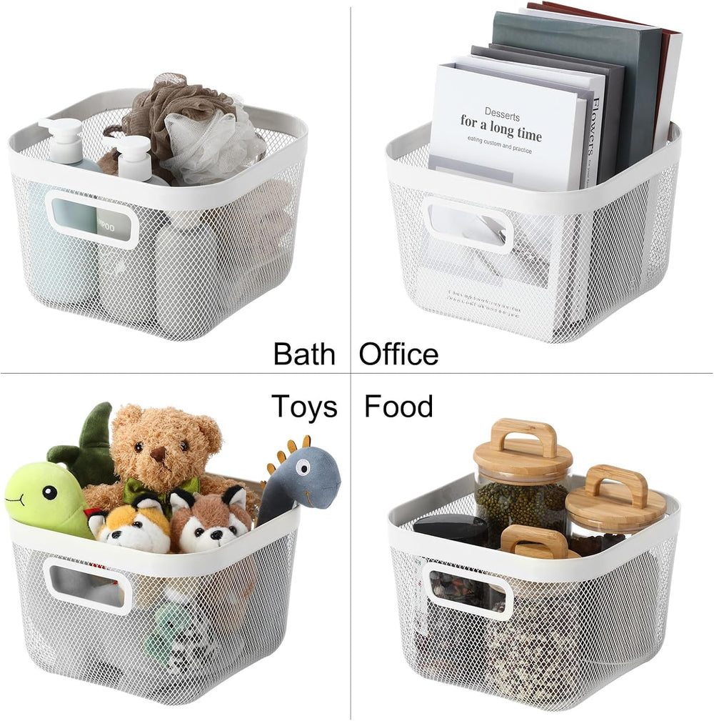 MorningRo 4 Pack Metal Mesh Basket with Hollow Handles White Wire Storage Bin...
