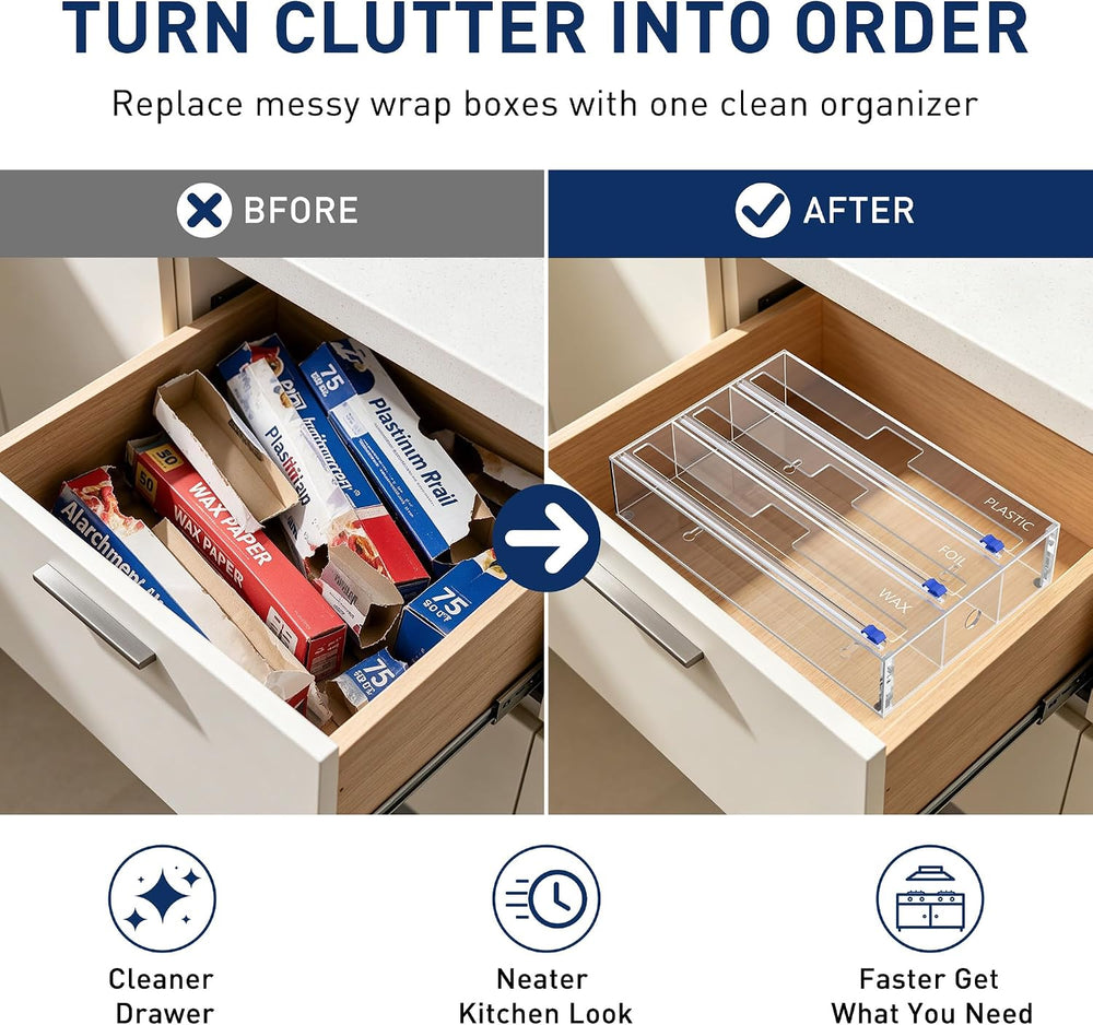 3 In 1 Acrylic Aluminum Foil, Plastic Wrap Organizer with Cutter