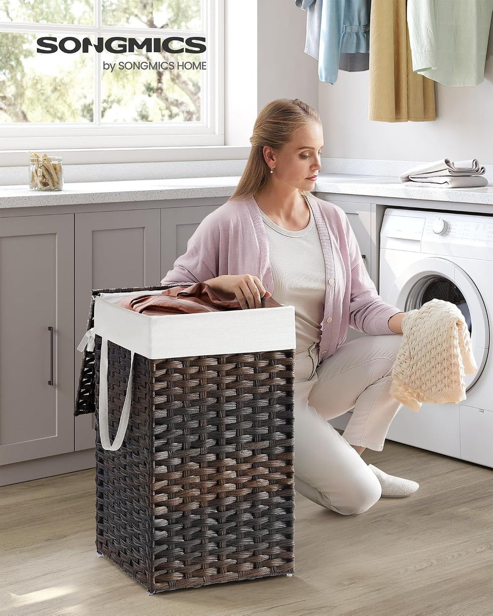 SONGMICS Laundry Hamper with Lid, 17.2 Gallon (65 L) Synthetic Rattan Clothes...