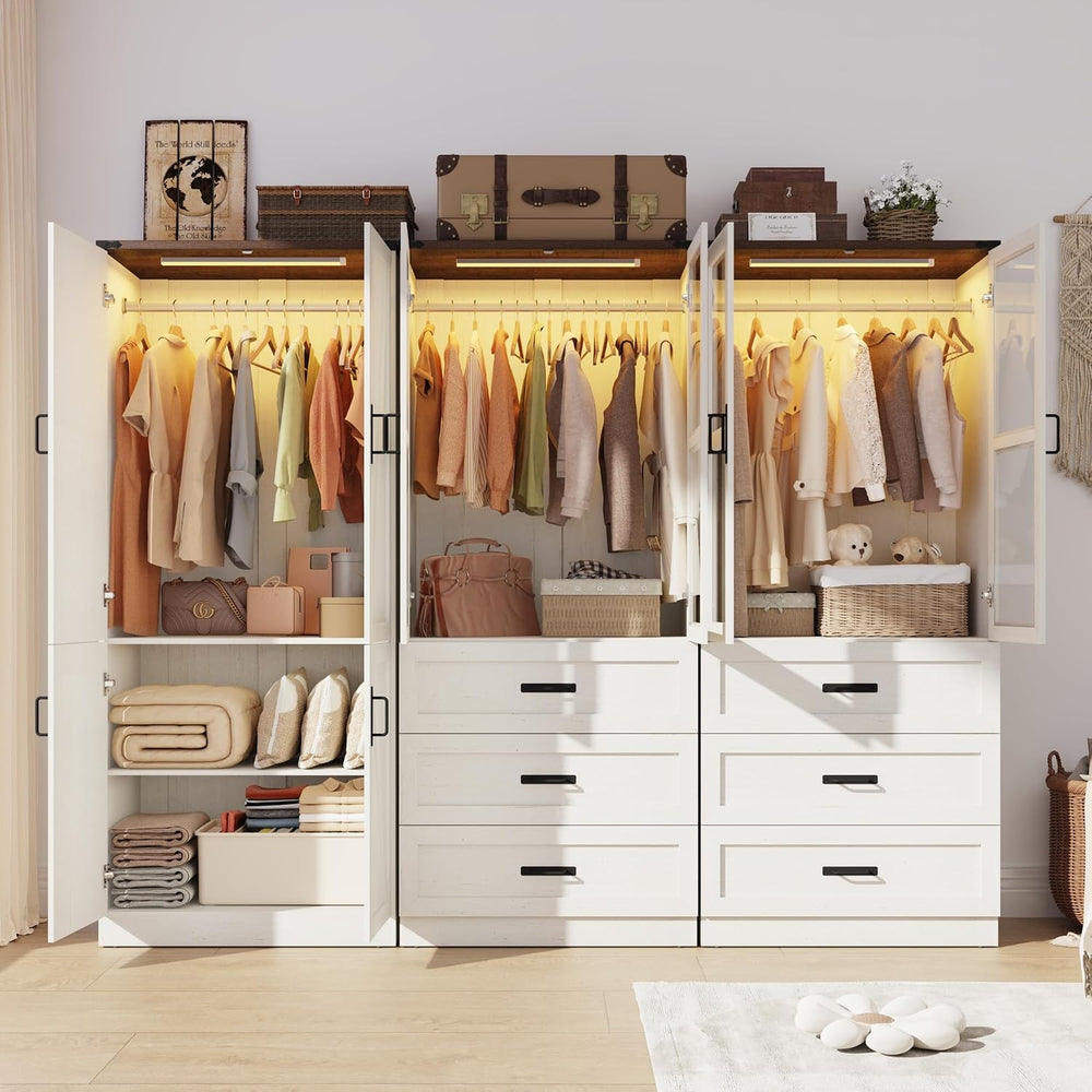 75" Tall Farmhouse 6 Doors Armoire Wardrobe Closet with 3 Drawers and LE...