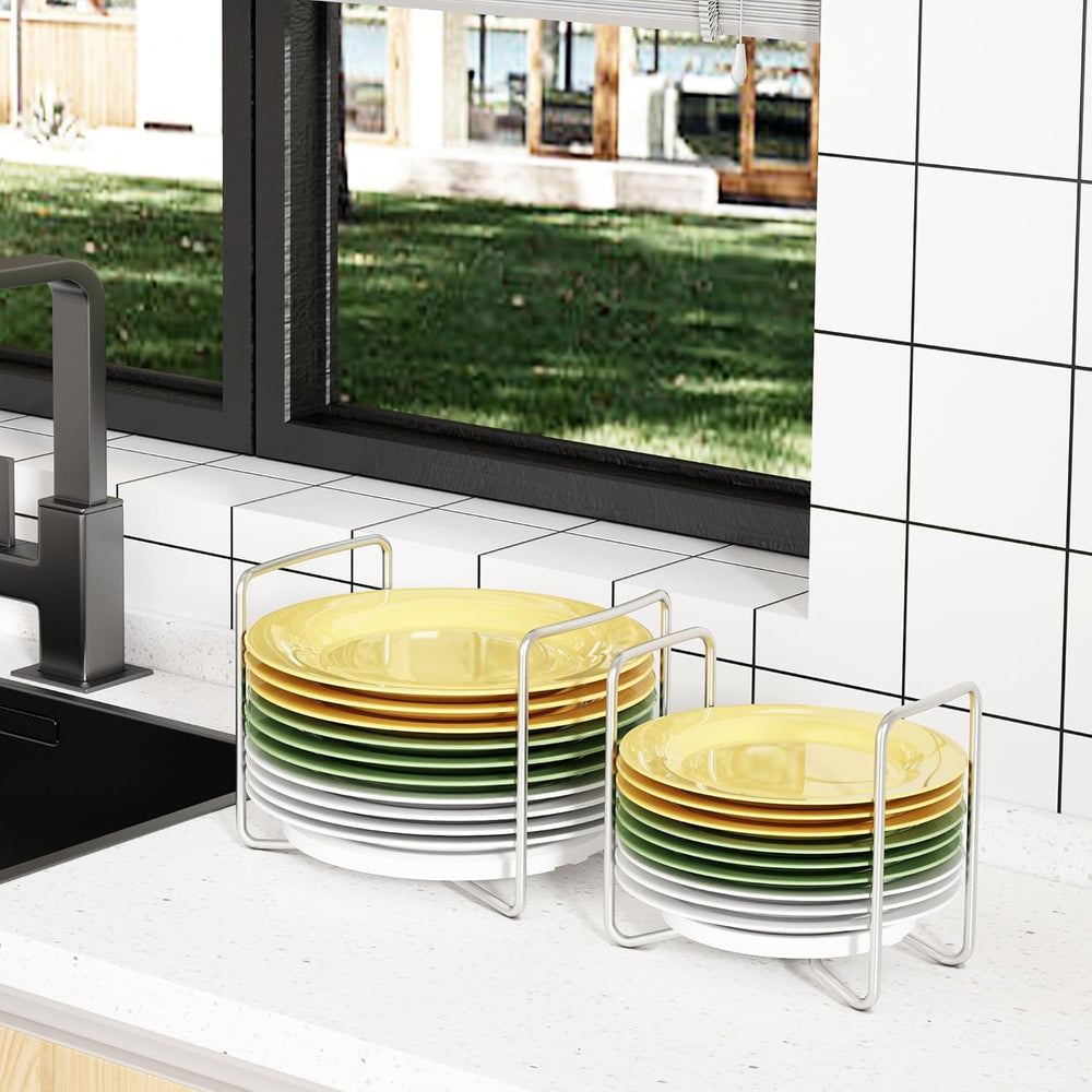 Plate Holder for Kitchen Drawer - Bamboo Dish Racks for Kitchen Counter, Stai...