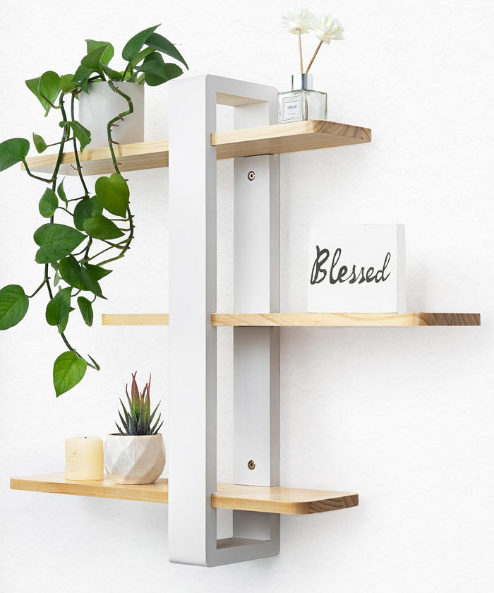SUMGAR Floating Shelves for Wall, 3 Tier White Wood Adjustable Shelf Unit