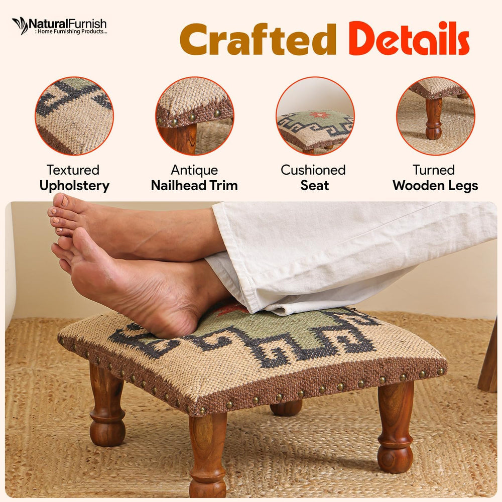 Upholstered Ottoman Footstool with Tribal Aztec Fabric | Rustic Wooden Accent...