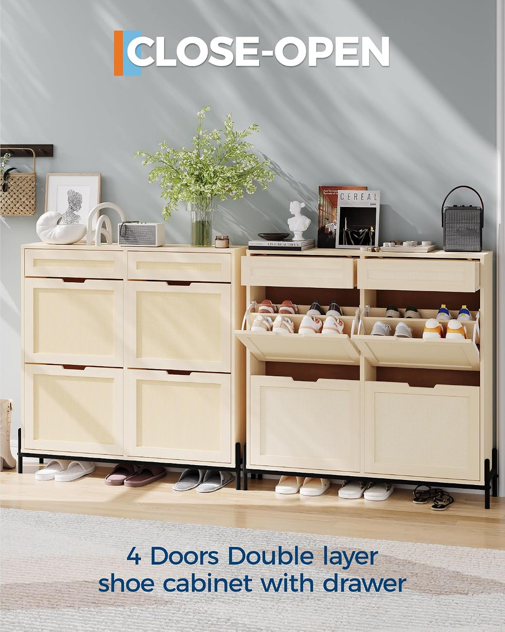 GarveeHome Rattan Shoe Cabinet Storage with 4 Flip Drawers & 2 Top Drawer...