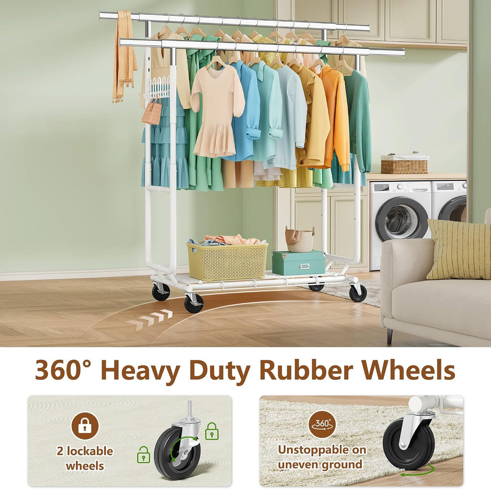 Hoctieon 2-Minute Assembly Double Rod Clothes Rack, Heavy Duty Rolling Clothi...