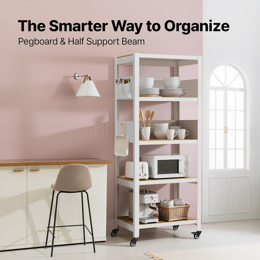 HOMEDANT House White 24" W 5 Tier Rolling Pegboard Storage Cart Wheels