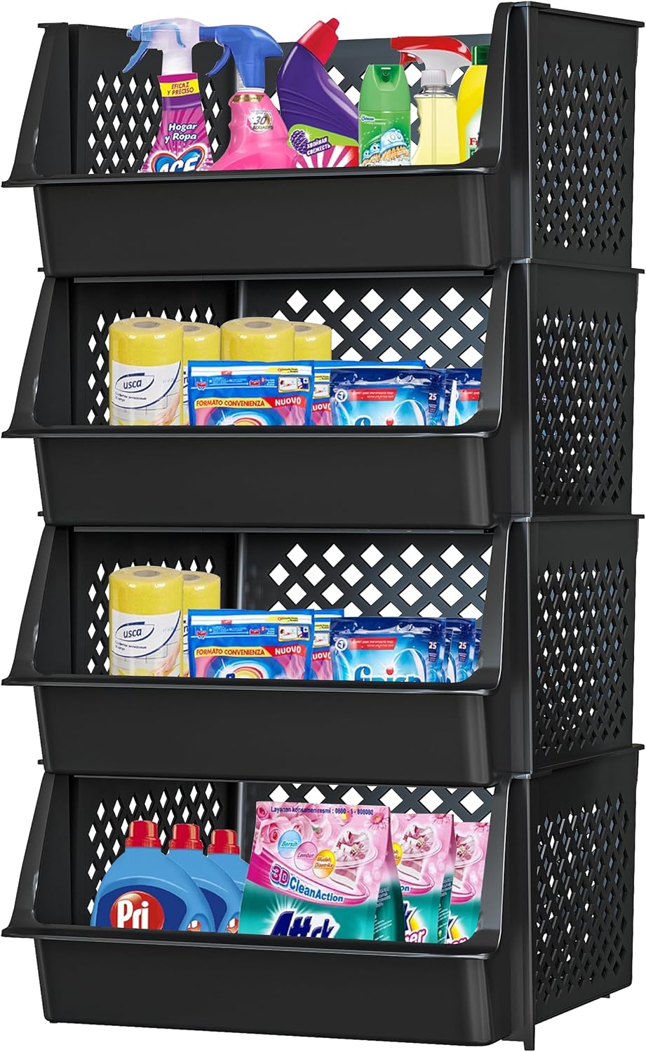 Large Stackable Storage Bins Open Front for Pantry Storage, 4 Pack - Black