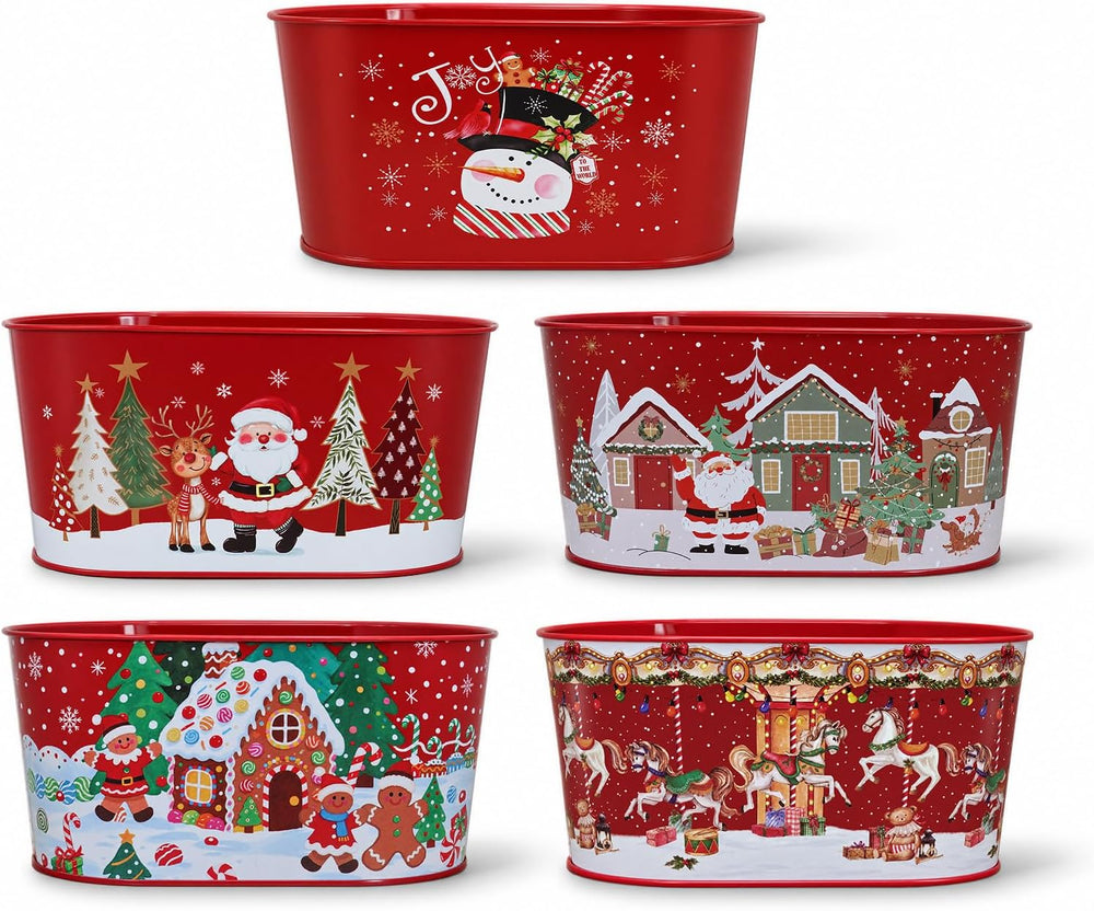 Putuo Decor 5 Pack Christmas Metal Tin Buckets Holiday Storage Decor