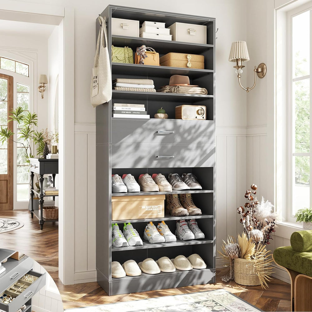 Aheaplus 10 Tiers Tall Shoe Cabinet, 25.6" Wood Sturdy Shoe Rack, Grey