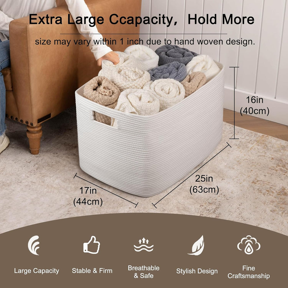OIAHOMY 118L XXXLarge Rope Storage Basket, Oversized Blanket Basket White