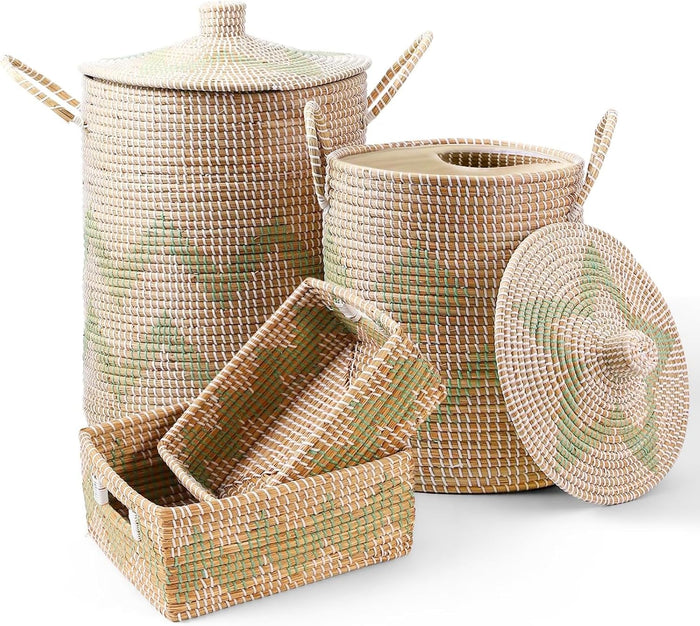 4 Pack Handmade Seagrass Storage Basket Set, 2 Oval Lidded Laundry Hampers & 2 Rectangular Bins with Handles, 3.2-53L Capacity, Natural Woven Organizer for Bedroom Laundry, 95.7L Total