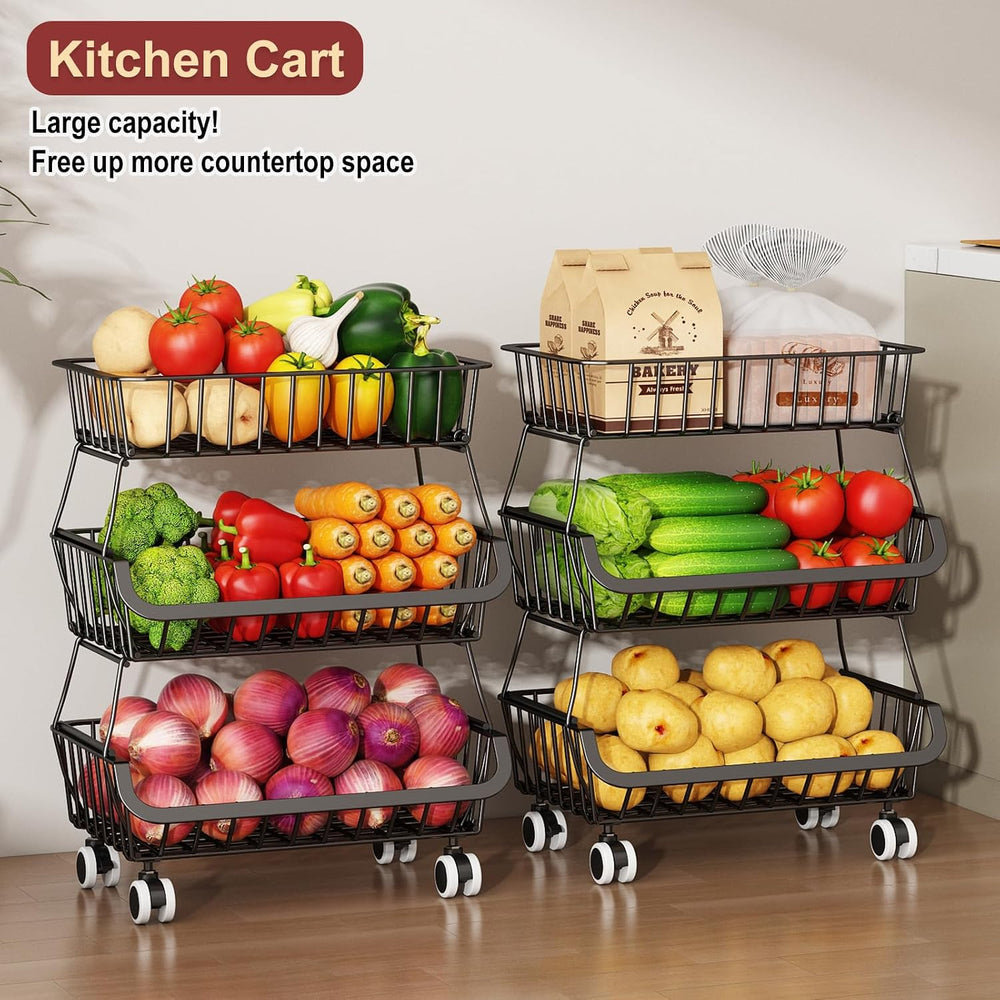 3-Tier Rolling Pantry Cart with Wheels, Stackable Wire Storage Floor Organize...