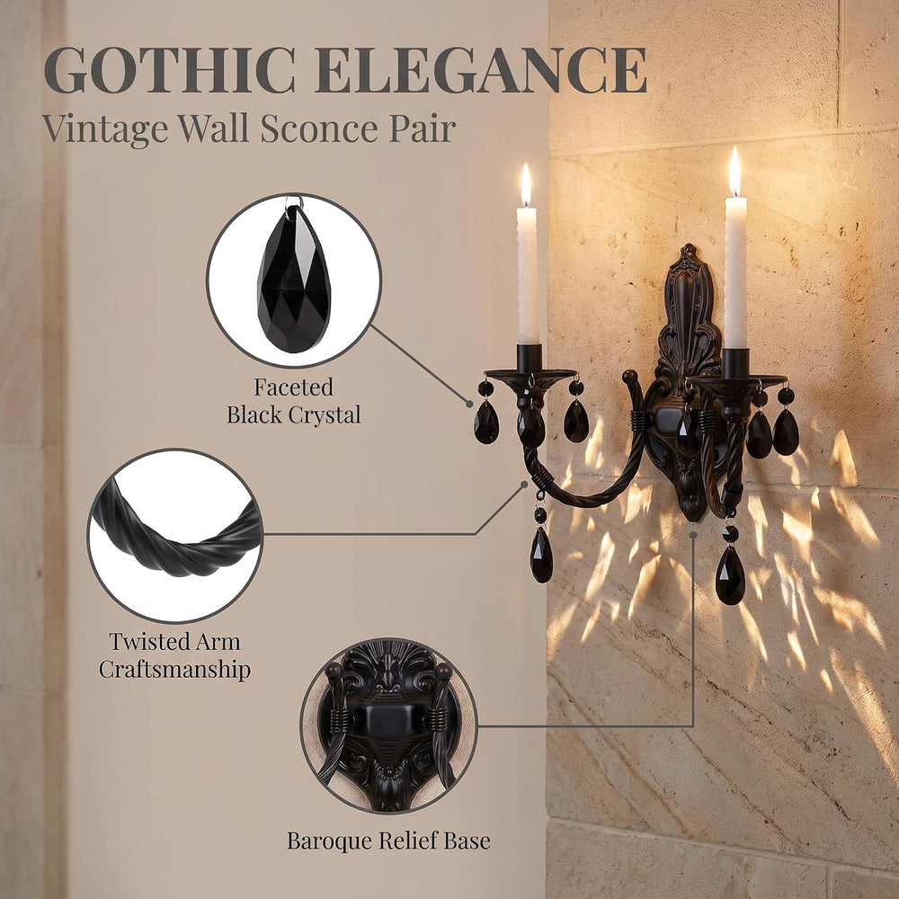 Black Iron Candle Sconces Gothic Wall Candle Holder Set of 2, Handcrafted Wro...