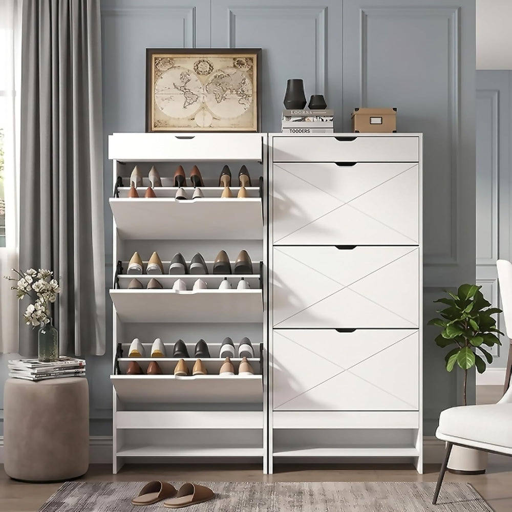 Slim White Shoe Cabinet with 3 Flip Drawers & X-Design for Entryway