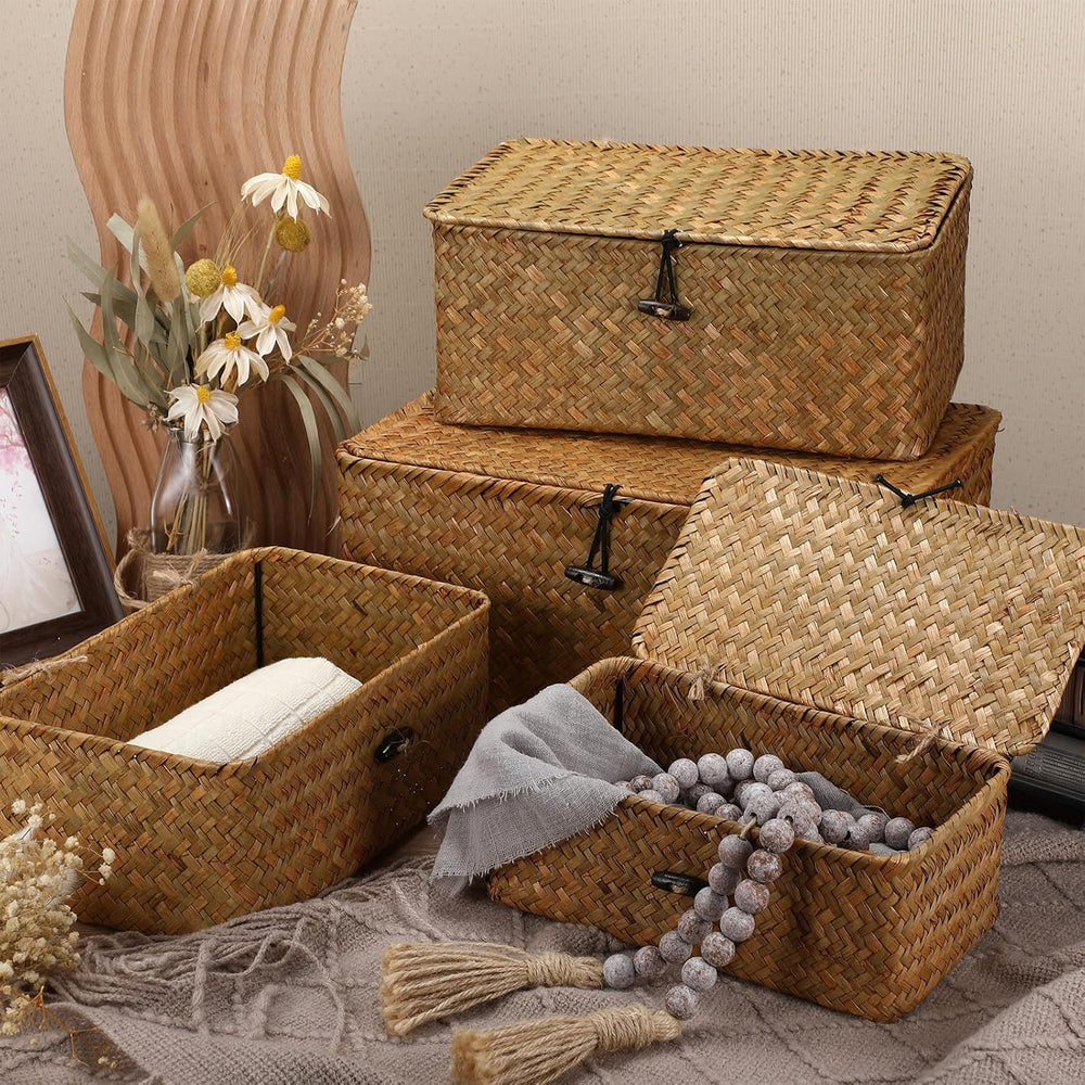 Woanger Set of 4 Wicker Baskets with Lids, Orange