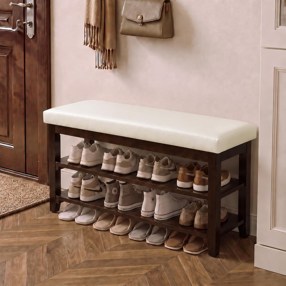 40" Solid Wood Shoe Storage Bench, 2 Tier Shoe Rack for Entryway, Beige