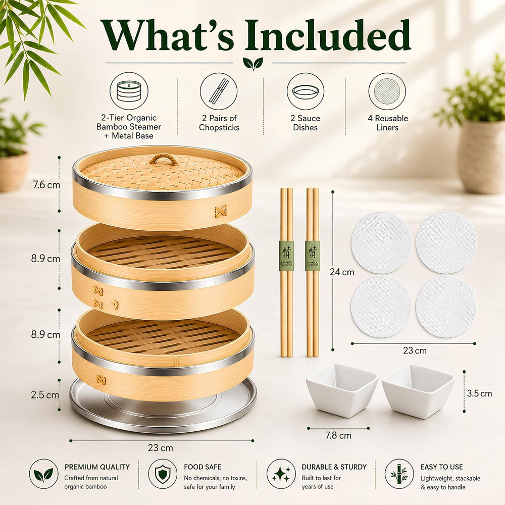 Naturaceutica's Bamboo Steamer Basket 10 Inch With Ring, 2 Tier Dumpling ...