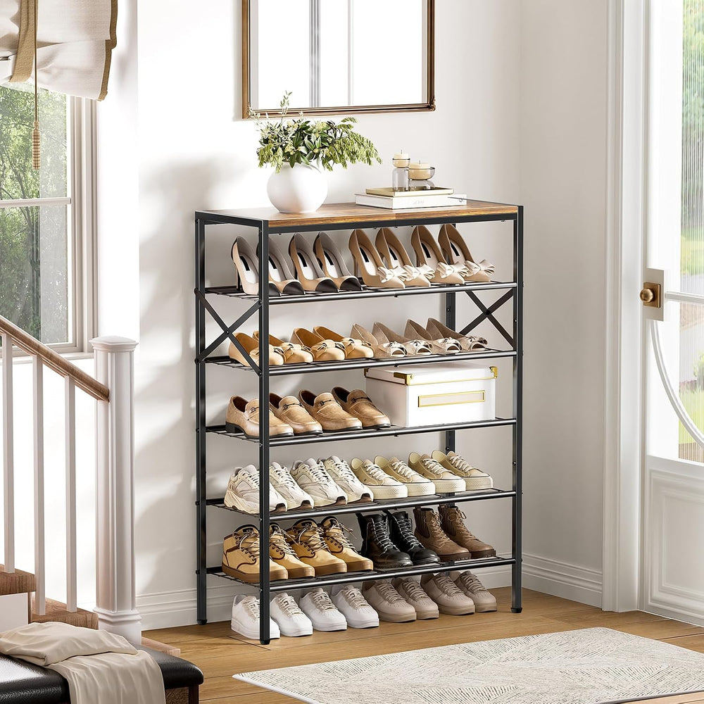 6 Tier Metal Shoe Rack with Wood Top, 18-24 Pairs