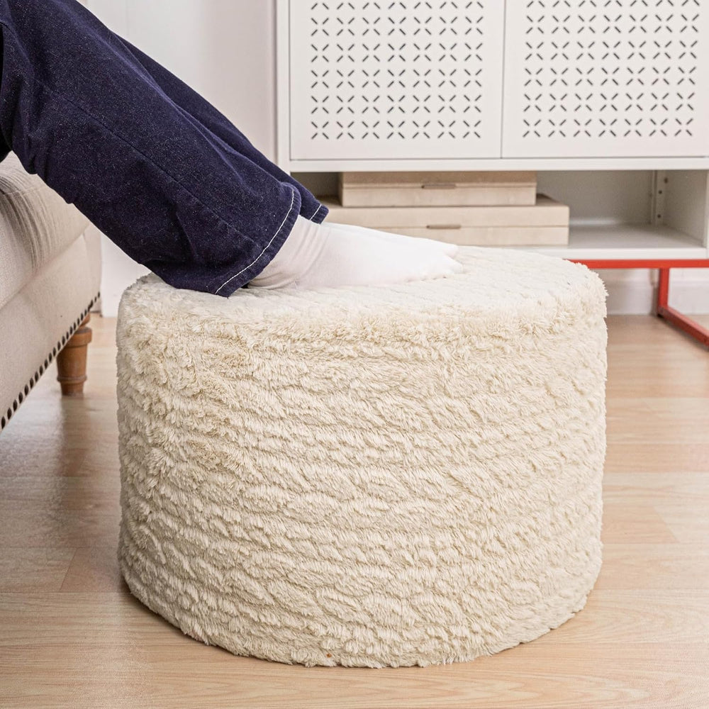 Round Pouf Ottoman Footstool 20x14In Ottoman Footrest for Couch Linen White